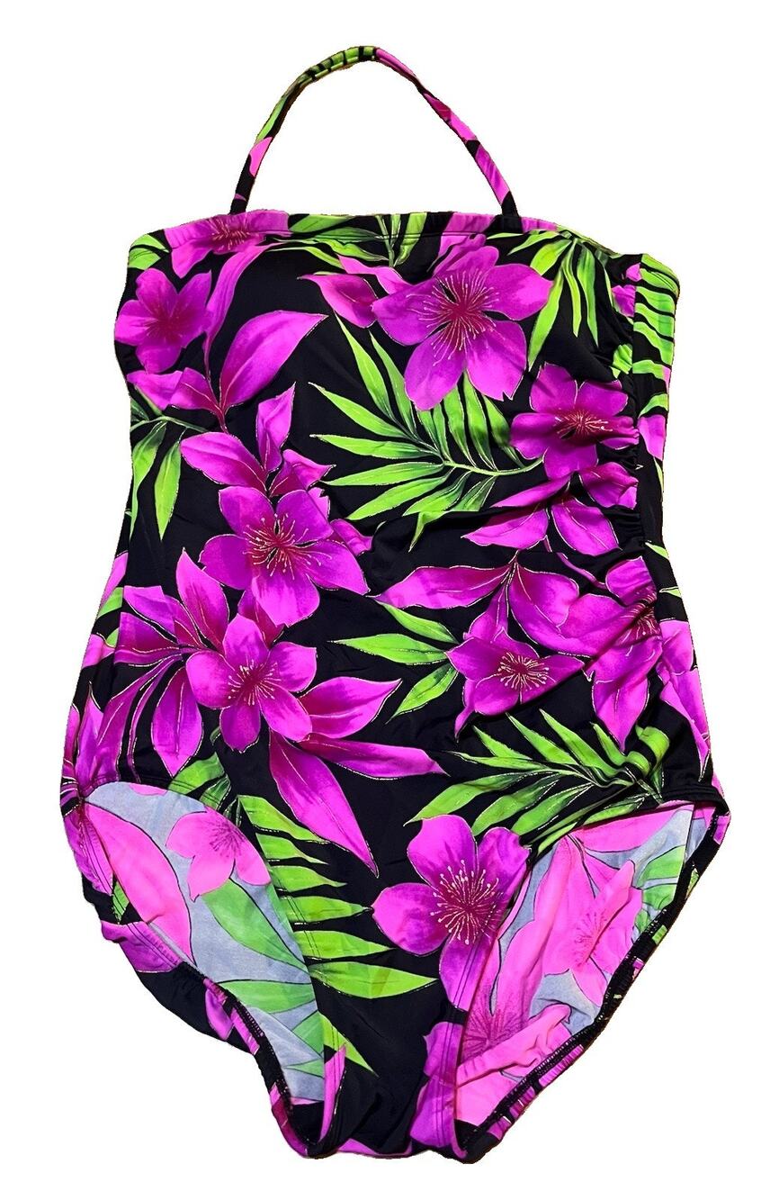 Longitude 20W One Piece Pink black Tropical Ladies Swim Suit Wear Strapless